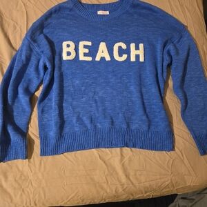 Pink Lily Blue 'BEACH' Crewneck Sweater with Cream Lettering